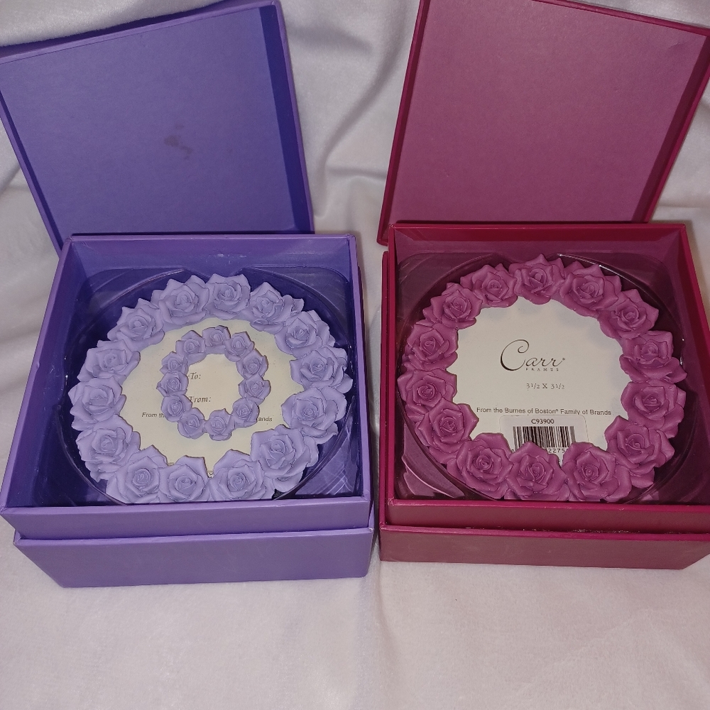 Vtg 2002 Carr Rosette Picture Frames, New In Boxes Pink & Purple